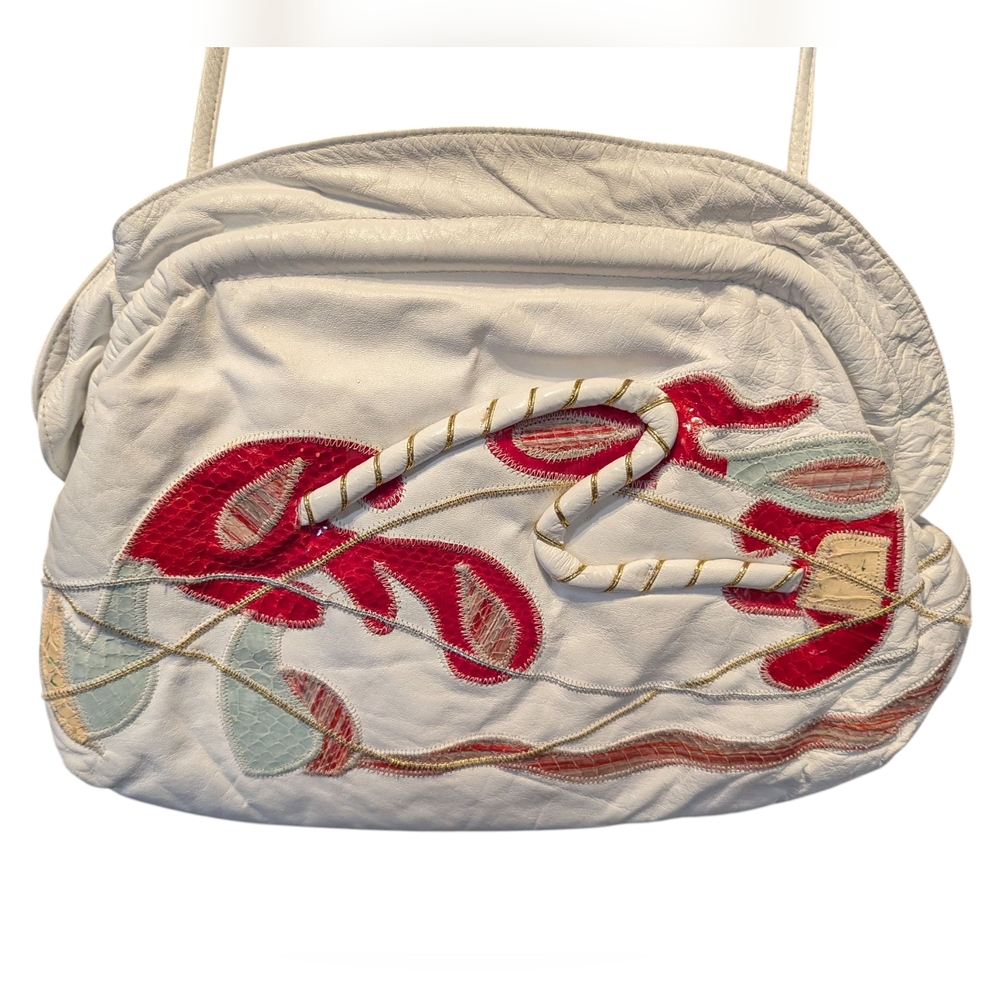 Vintage 1980s Abstract Leather White and Red Bag Purse Crossbody